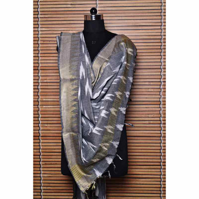 Grey Bhagalpuri Ikat Dupatta with Temple Border - SSEthnics