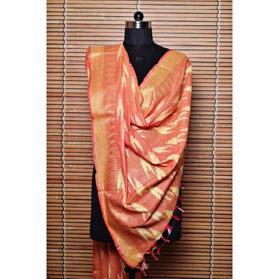Carrot Bhagalpuri Ikat Dupatta with Temple Border - SSEthnics
