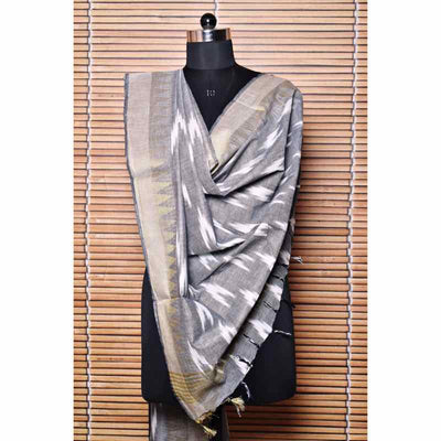 Grey Bhagalpuri Ikat Dupatta with Temple Border - SSEthnics