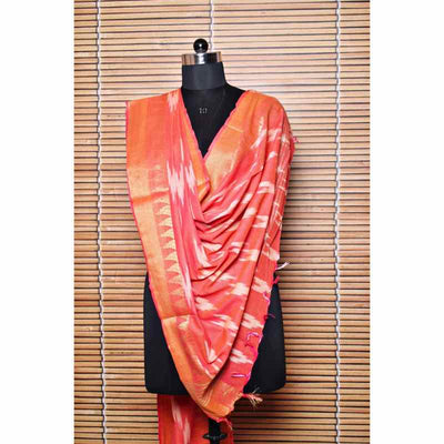 Carrot Bhagalpuri Ikat Dupatta with Temple Border - SSEthnics