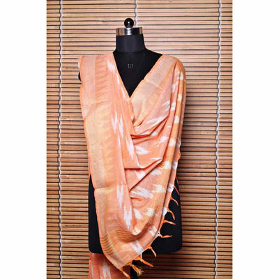 Peach Bhagalpuri Ikat Dupatta with Temple Border - SSEthnics