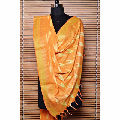 Yellow Bhagalpuri Ikat Dupatta with Temple Border - SSEthnics