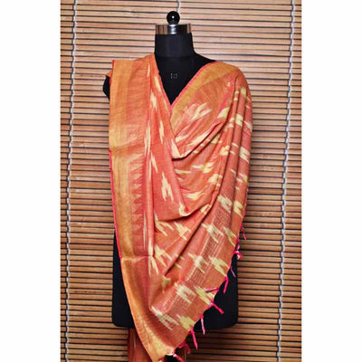 Rose Bhagalpuri Ikat Dupatta with Temple Border - SSEthnics