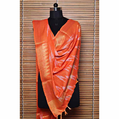 Orange Bhagalpuri Ikat Dupatta with Temple Border - SSEthnics