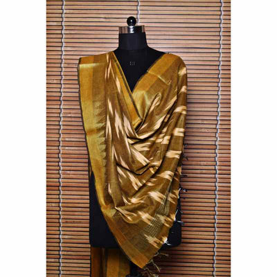 Green Bhagalpuri Ikat Dupatta with Temple Border - SSEthnics