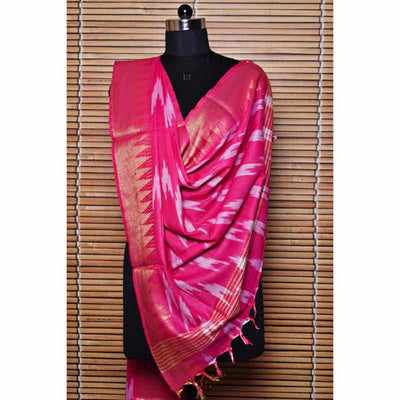 Pink Bhagalpuri Ikat Dupatta with Temple Border - SSEthnics