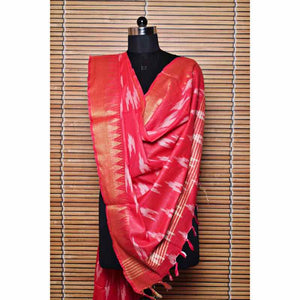 Carrot Bhagalpuri Ikat Dupatta with Temple Border - SSEthnics