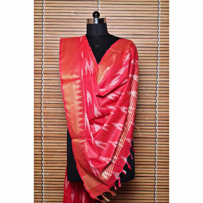 Carrot Bhagalpuri Ikat Dupatta with Temple Border - SSEthnics