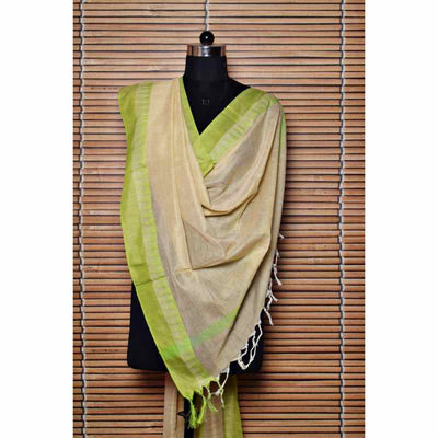 Beige Bhagalpuri Silk Cotton Dupatta With Temple Border - SSEthnics