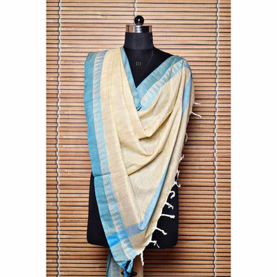 Beige Bhagalpuri Silk Cotton Dupatta With Temple Border - SSEthnics