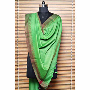 Green Bhagalpuri Silk Cotton Dupatta With Temple Border - SSEthnics