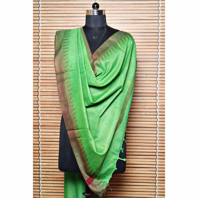 Green Bhagalpuri Silk Cotton Dupatta With Temple Border - SSEthnics