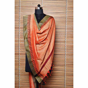 Orange Bhagalpuri Silk Cotton Dupatta With Temple Border - SSEthnics