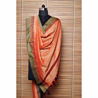 Orange Bhagalpuri Silk Cotton Dupatta With Temple Border - SSEthnics