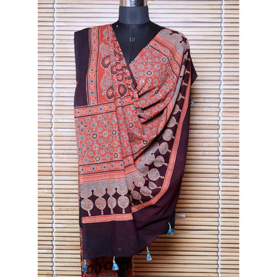 Brown Ajrakh Cotton Block Print Dupatta - SSEthnics