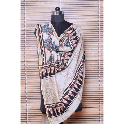 Yellow Ajrakh Maheshwari Silk Dupatta - SSEthnics