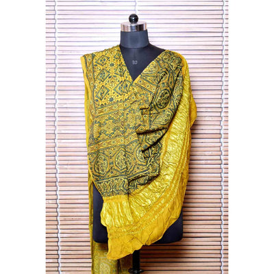 Yellow Ajrakh Modal Dupatta with Tissue Pallu - SSEthnics