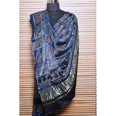Blue Ajrakh Modal Dupatta with Tissue Pallu - SSEthnics