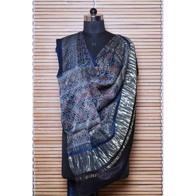 Indigo Ajrakh Modal Dupatta with Tissue Pallu - SSEthnics