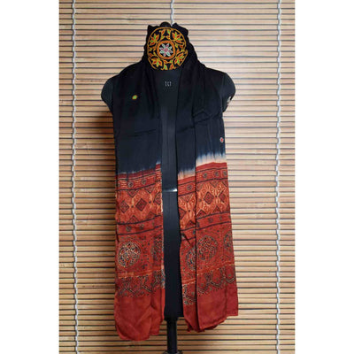Black-Maroon Ajrakh Modal Dupatta with Kutch Hand Embroidery - SSEthnics