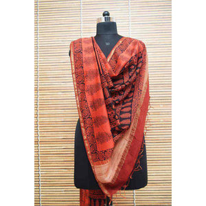 Red Maheshwari Silk Bagh Handblock Print Dupatta with Gicha Pallu - SSEthnics