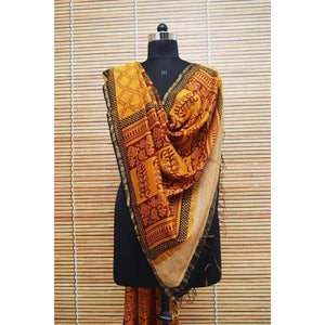 Yellow Maheshwari Silk Bagh Handblock Print Dupatta with Gicha Pallu - SSEthnics