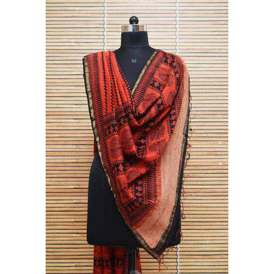 Red Maheshwari Silk Bagh Handblock Print Dupatta with Gicha Pallu - SSEthnics