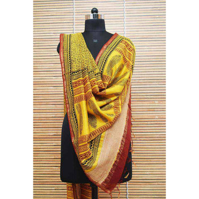 Yellow Maheshwari Silk Bagh Handblock Print Dupatta with Gicha Pallu - SSEthnics