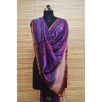 Purple Maheshwari Silk Bagh Handblock Print Dupatta with Gicha Pallu - SSEthnics