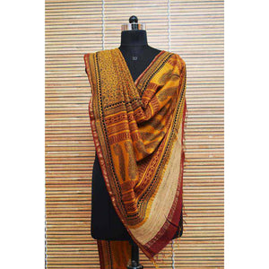 Yellow Maheshwari Silk Bagh Handblock Print Dupatta with Gicha Pallu - SSEthnics