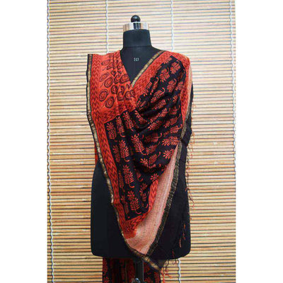Red Maheshwari Silk Bagh Handblock Print Dupatta with Gicha Pallu - SSEthnics