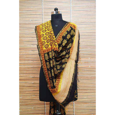 Yellow Maheshwari Silk Bagh Handblock Print Dupatta with Gicha Pallu - SSEthnics