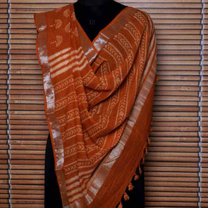 Orange Dabu Linen by Cotton Dupatta - SSEthnics