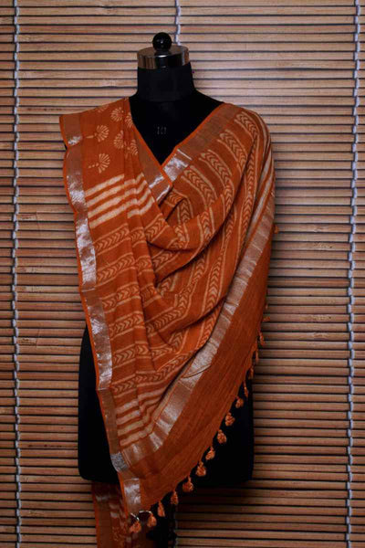 Orange Dabu Linen by Cotton Dupatta - SSEthnics