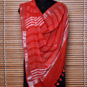 Red Dabu Linen by Cotton Dupatta - SSEthnics
