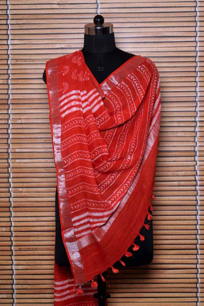Red Dabu Linen by Cotton Dupatta - SSEthnics