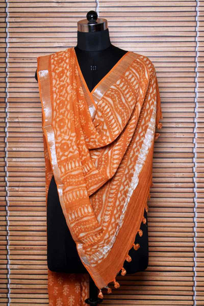 Mustard Dabu Linen by Cotton Dupatta - SSEthnics