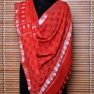 Red Dabu Linen by Cotton Dupatta - SSEthnics