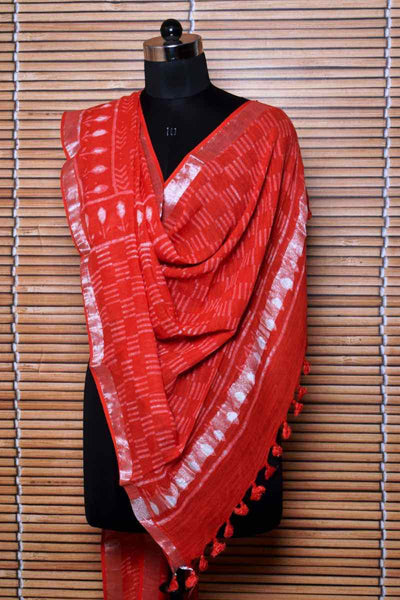 Red Dabu Linen by Cotton Dupatta - SSEthnics