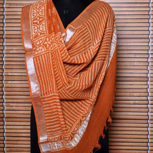 Mustard Dabu Linen by Cotton Dupatta - SSEthnics