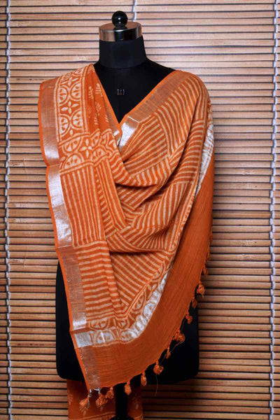 Mustard Dabu Linen by Cotton Dupatta - SSEthnics