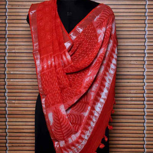 Red Dabu Linen by Cotton Dupatta - SSEthnics