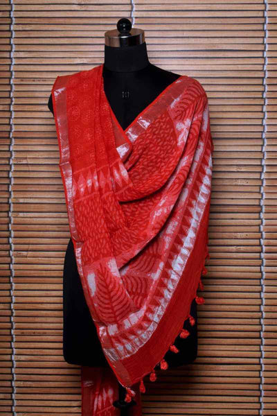 Red Dabu Linen by Cotton Dupatta - SSEthnics