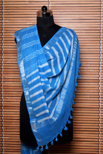 Blue Dabu Linen by Cotton Dupatta - SSEthnics
