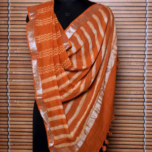 Mustard Dabu Linen by Cotton Dupatta - SSEthnics