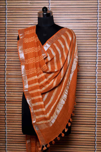 Mustard Dabu Linen by Cotton Dupatta - SSEthnics