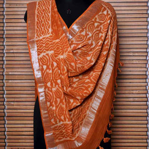 Mustard Dabu Linen by Cotton Dupatta - SSEthnics