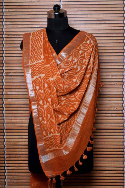 Mustard Dabu Linen by Cotton Dupatta - SSEthnics