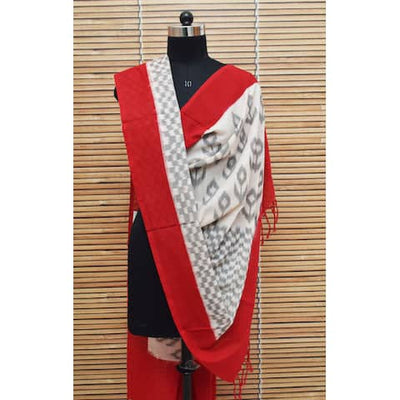 White Mercerised Handloom Ikat Dupatta - SSEthnics