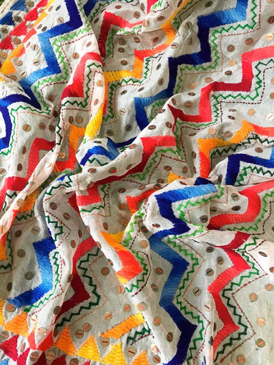 Cream Chanderi Phulkari Hand Embroidered Dupatta